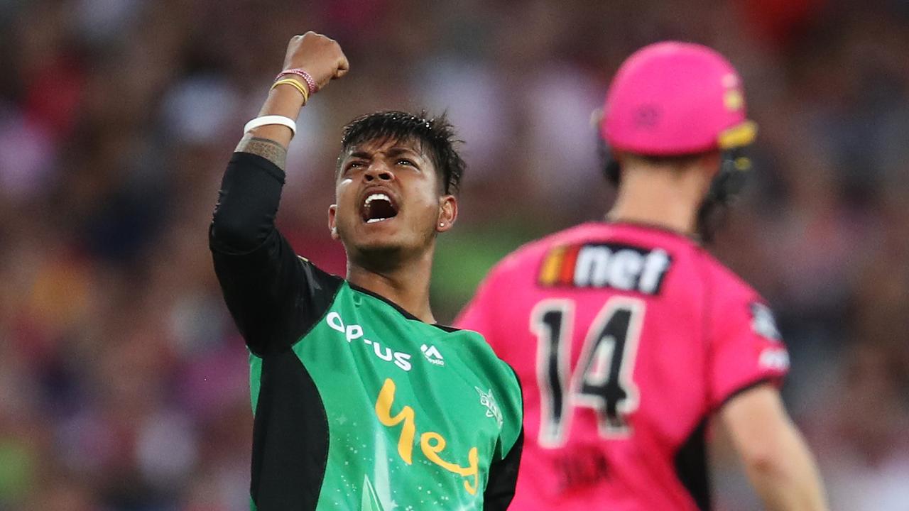 Sandeep Lamichhane ripped through the Sixers on Thursday night. Photo: Brendon Thorne/AAP Image. 