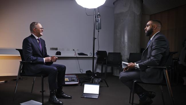 Anthony Albanese speaks with Douglas Smith earlier this year. Picture: Sam Ruttyn