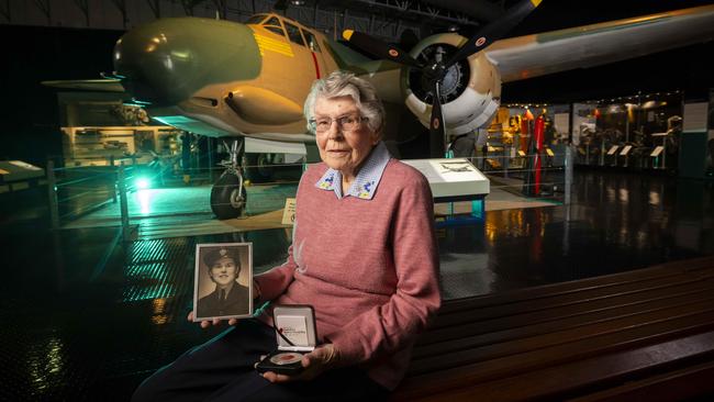 Joy Daymon, 98, who served as a flight mechanic during WWII, visits the RAAF museum in Point Cook. Picture: Wayne Taylor.