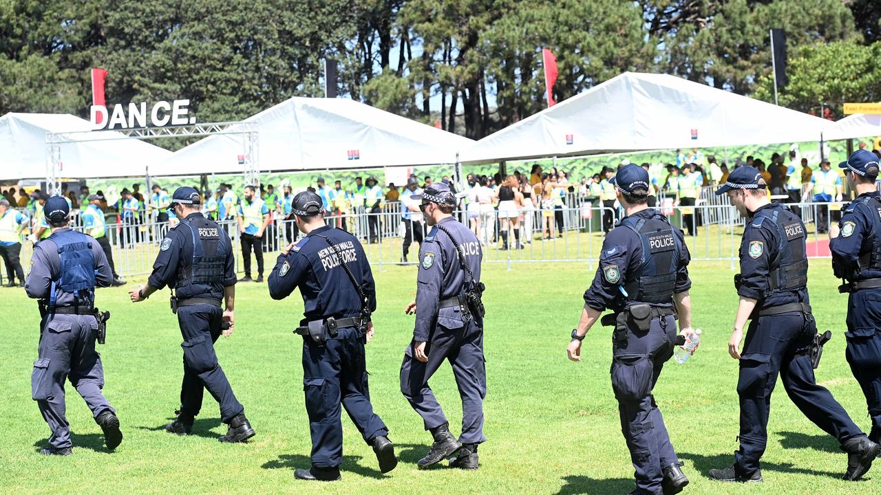 A heavy police presence, which included police dogs, welcomed the crowds at entry to the Listen Out festival. Picture: NCA NewsWire / Jeremy Piper