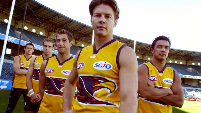 Michael Gardiner, Chris Judd, Chad Fletcher, Ben Cousins and Daniel Kerr during the 2003 season. Picture: Tony McDonough