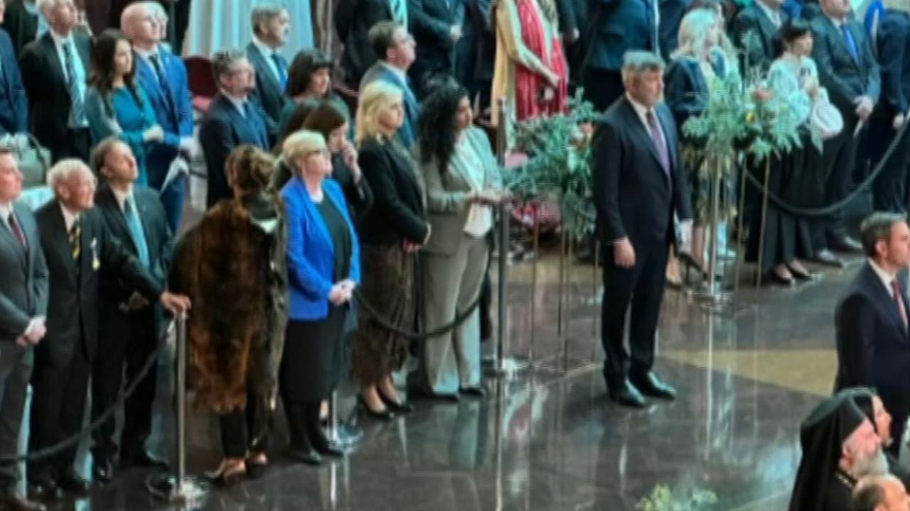 Fourth left, Senator Lidia Thorpe can be seen with her back to the stage during the parliamentary reception for King Charles. Picture: Sky