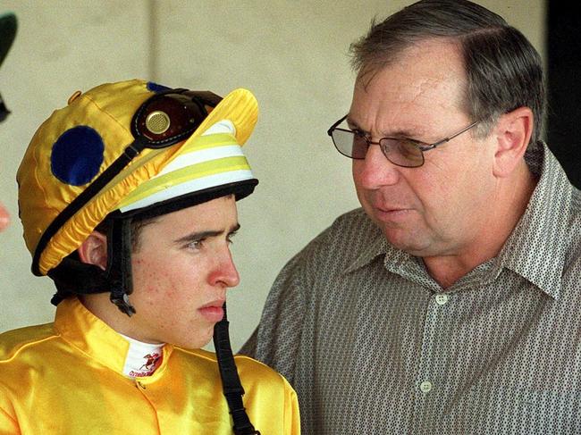 OCTOBER 16, 2002 : Apprentice jockey Michael Rodd with his master Bryan Guy at Doomben 16/10/02. Pic Barry Pascoe.Turf p45///OCTOBER 16, 2002 : Apprentice jockey Michael Rodd with his master Bryan Guy at Doomben 16/10/02. Pic Barry Pascoe.Turf