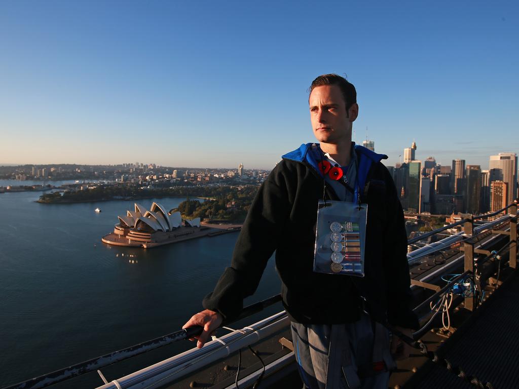 A dawn service was held on the summit of the Sydney Harbour Bridge to commemorate ANZAC Day. Iraq and Afghanistan veteran James Dallas who is now Manager of Claims and Advocacy at RSL DefenceCare. Picture: Toby Zerna