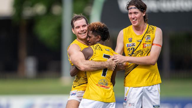 Tristan Singh Lippo and Brodie Filo celebrate a goal for Nightcliff against St Mary's in Round 10 of the 2023-24 NTFL season. Picture: Pema Tamang Pakhrin