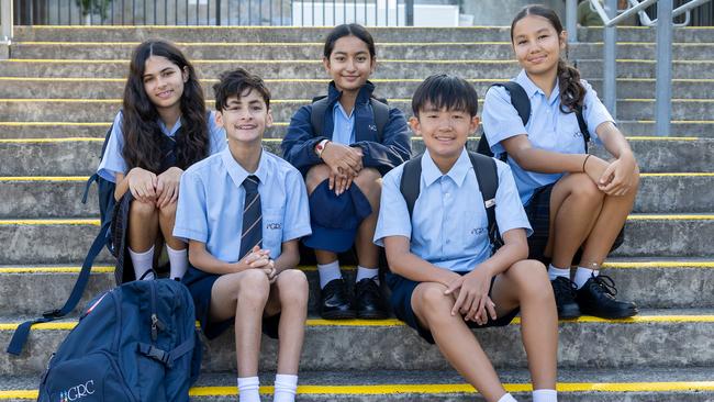 New students Ellie Jhinku, Nicholas Jhinku, Luniva Diwal, Noah Cato and Kayla Burton at Georges River College in Hurstville. Picture: Thomas Lisson