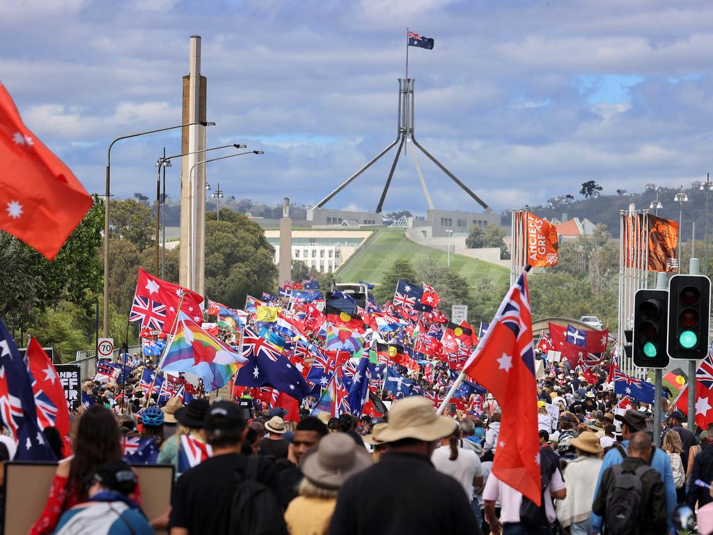 More than 1000 people marched towards Parliament House on Saturday, blocking the main road access. Picture: NCA NewsWire/Gary Ramage