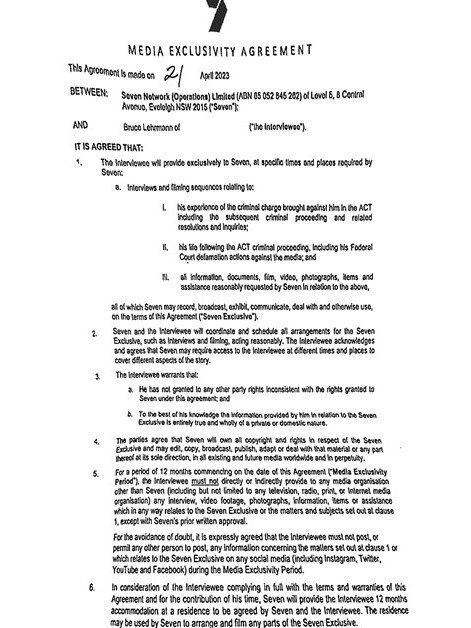 A copy of Bruce Lehrmann's agreement with Channel 7. Picture: Supplied.