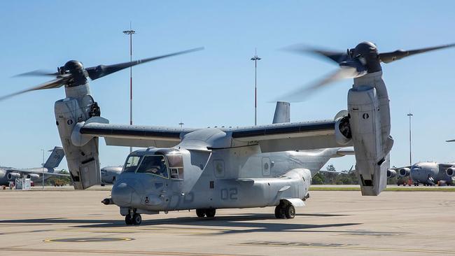 A United States Marine Corps MV-22B Osprey aircraft lands at RAAF Base Amberley, outside of Ipswich, on July 20, during Exercise Talisman Sabre 2021. Picture: Sergeant Peter Borys