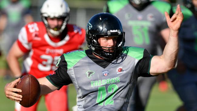 NORTH QUEENSLAND GRIDIRON REEF BOWL 2021. Townsville Cyclones against Cairns Falcons at Townsville Sports Reserve. Falcons Jake Leumann. Picture: Evan Morgan