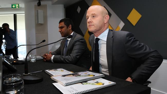 Commonwealth Bank CFO Rob Jesudason (left) and CEO Ian Narev face journalists today. Picture by James Croucher