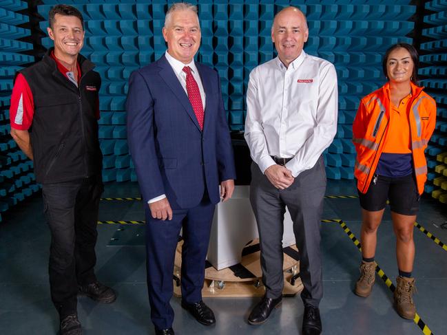 Chris Wright, Anthony Kittel, Scott Begbie and Kim Robinson in the REDSRC product interference testing room. Pictured on March 16h 2023. Picture: Ben Clark