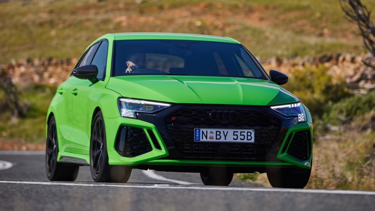 Wider front wheels help the RS3 bite into bends.