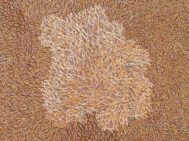 Gulumbu Yunupiŋu Garak, the Universe, 2008 earth pigments on stringybark. Picture: Leicolhn McKellar. REV_NT_ART