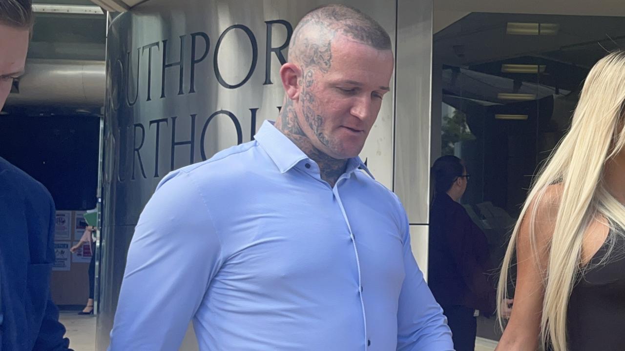 Harley Cranston (centre) leaving the Southport courthouse in 2023 after pleading guilty to affray. Picture: Jessica Paul