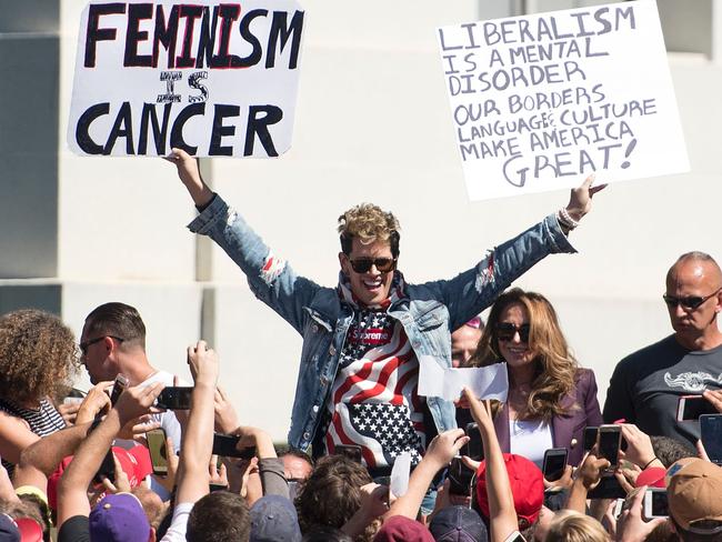 Milo Yiannopoulos gestures to supporters at the University of California, Berkeley last week. Picture: AFP/Josh Edelson