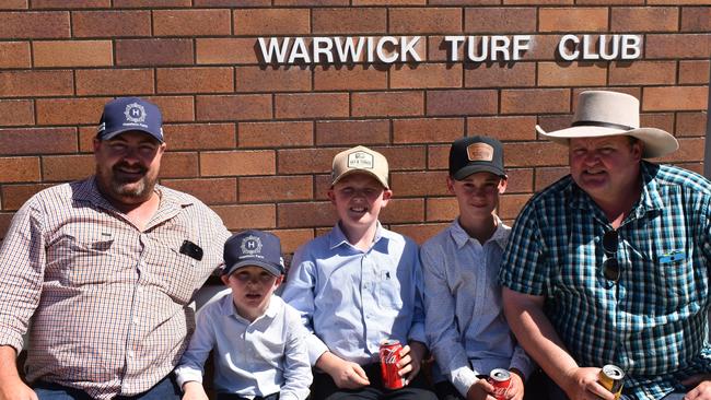 (From left) Murray Webster, Billy Webster, Sam Webster with Riley and Chris Suell from Southbrook Warwick Cup race day at Allman Park Racecourse, Saturday, October 14, 2023 (Photo: Michael Hudson/ Warwick Daily News)