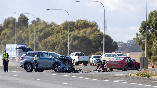 Police investigate a two car collision on Sturt Highway and Argent Road Kingsford. Picture: Mark Brake