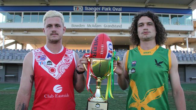 Federal captain Braydon Weily and Pioneer Eagles captain Jackson Cole with the 2024 CAFL premiership cup at Traeger Park, Alice Springs, September 2024. Picture: Gera Kazakov