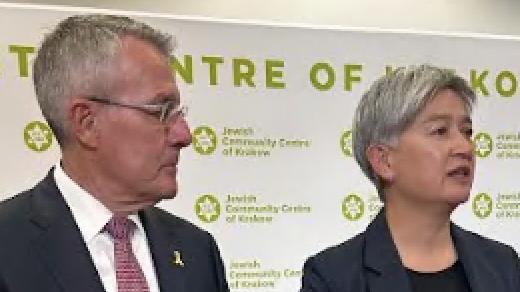 Attorney-General Mark Dreyfus and Foreign Minister Penny Wong at the Jewish Community Centre of Krakow in Poland on Sunday ahead of the 80th anniversary of the commemoration of the liberation of Auschwitz.  Picture: Sophie Elsworth