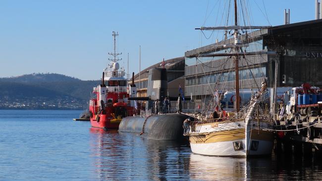 A small fire in the HMAS Rankin submarine at Hobart's waterfront caused drama on June 28, 2021. Photo: Jack Evans