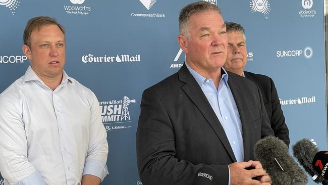 Townsville MP Scott Stewart speaks to media at the recent Bush Summit alongside Premier Steven Miles and Thuringowa MP Aaron Harper. Picture: Paul Brescia