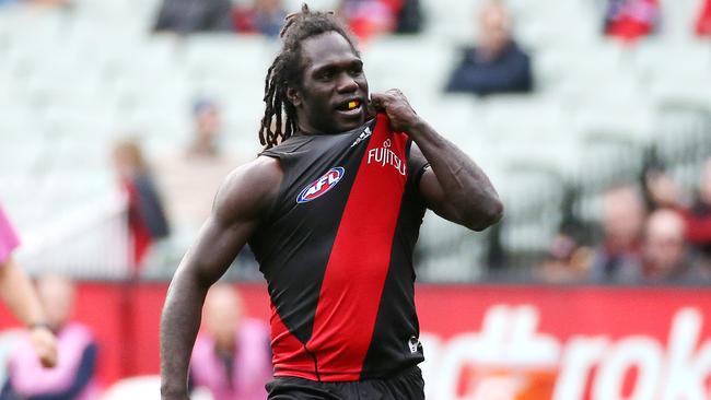 Anthony McDonald-Tipungwuti holds onto his jumper after a goal. Picture: George Salpigtidis