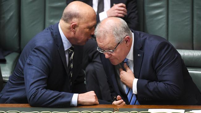 Home Affairs Minister Peter Dutton and Scott Morrison in Question Time. Picture: AAP