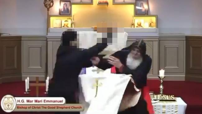 Blurred footage for the 15 year old boy who stabbed the Bishop Mar Mari Emmanuel during a service.at The Good Shepard Church in Sydney last night. Picture: Twitter