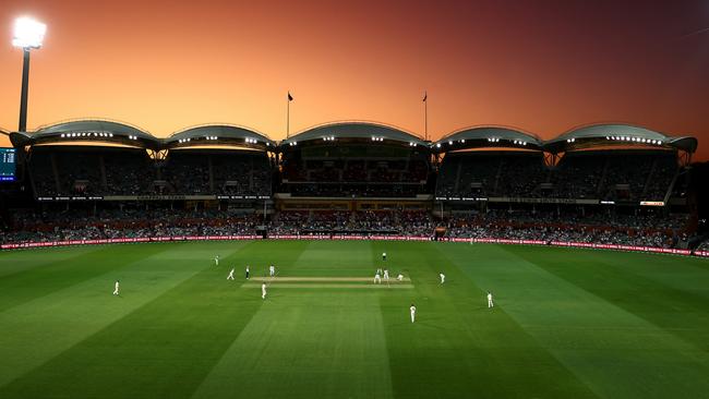 ADELAIDE, AUSTRALIA - DECEMBER 09:  General view at sunset during play on day two of the Second Test Match in the series between Australia and the West Indies at Adelaide Oval on December 09, 2022 in Adelaide, Australia. (Photo by Chris Hyde/Getty Images)