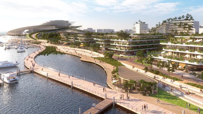 Brisbane Design Alliance Northshore Vision 2050 involving the building of the Brisbane Olympic Games 2032 Stadium – Waterfront with stadium in the left corner Picture Supplied