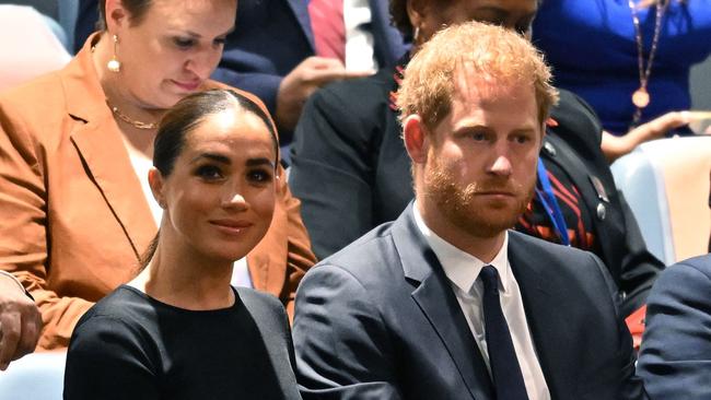 (FILES) Prince Harry (R) and Meghan Markle (L), the Duke and Duchess of Sussex, attend the 2020 UN Nelson Mandela Prize award ceremony at the United Nations in New York on July 18, 2022. A multi-million-dollar deal between a media group run by Britain's Prince Harry and his wife Meghan Markle, and streaming giant Spotify is to end, a report said June 15, 2023. (Photo by TIMOTHY A. CLARY / AFP)