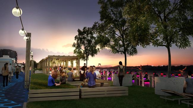 Concept drawing showing how a redeveloped public realm at 6 River St, Mackay could create a vibrant night scene along the Pioneer River waterfront. Picture: Mackay Regional Council