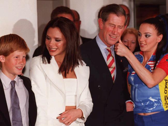 Prince Harry and Prince Charles with Victoria Beckham and Mel C in 1997. Picture: Supplied