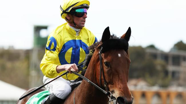 Nash Rawiller comes back to scale aboard Cranky Harry after their win at Randwick on Saturday. Picture: Jeremy Ng / Getty Images