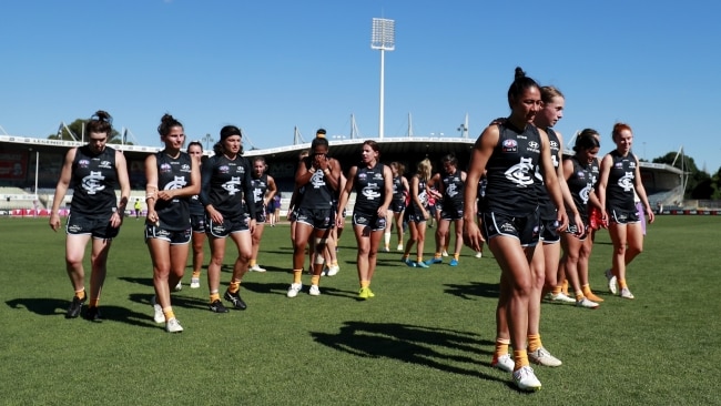 The AFLW on Wednesday announced Carlton and Collingwood would play in Perth this weekend, taking on Fremantle and West Coast respectively, under fly-in, fly-out conditions and charter flights. Picture: Dylan Burns/AFL Photos via Getty Images