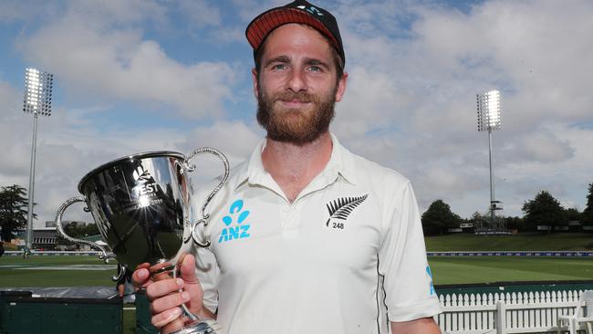 Kane Williamson with the series trophy after New Zealand’s series with England. Picture: Getty Images