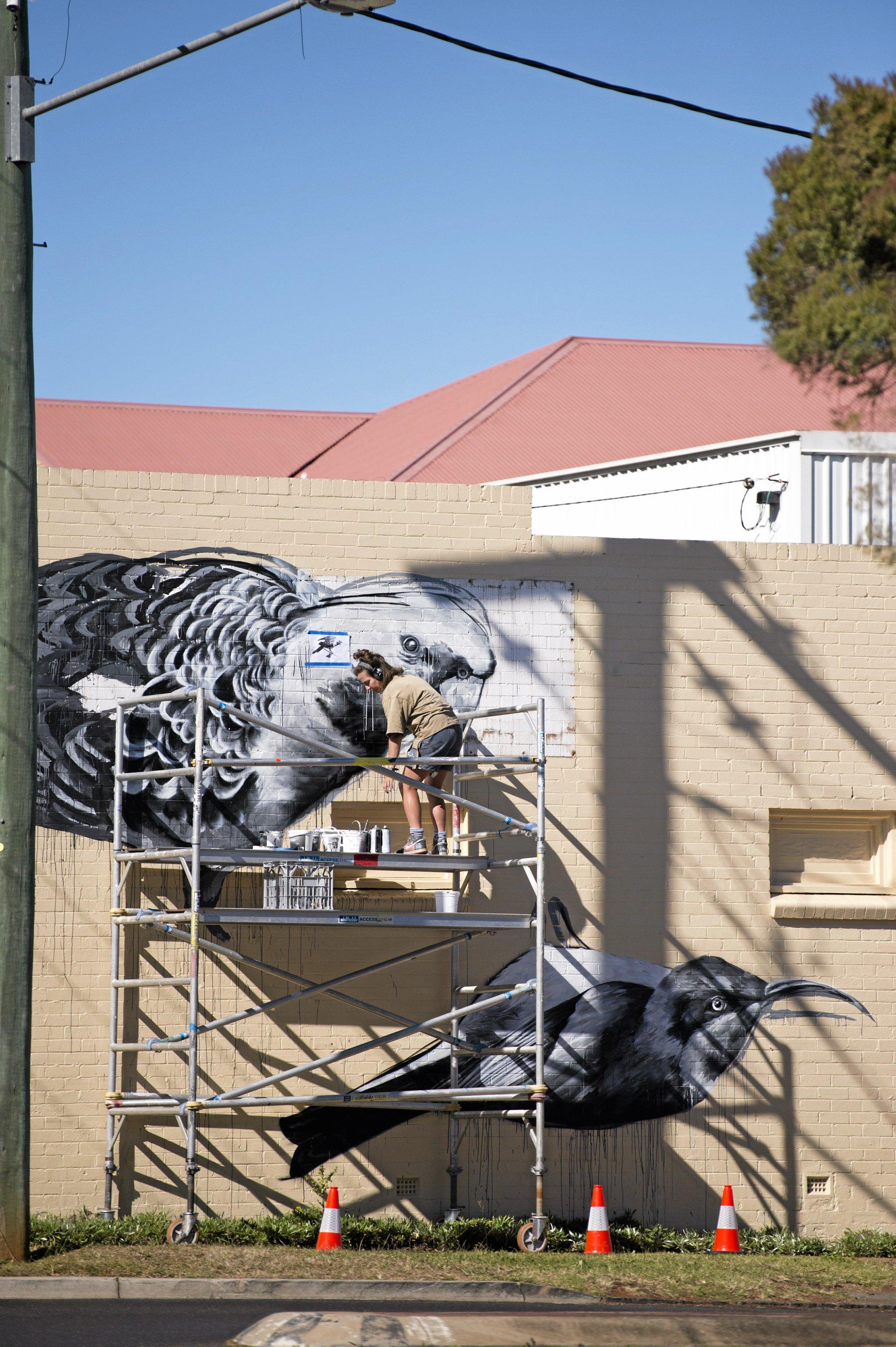 Noke at work on her First Coat wall of corner of Neil and Campbell Sts, Monday, May 30, 2016. Picture: Kevin Farmer