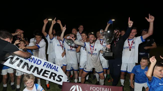 Grand final of the Gold Coast Premier League (soccer) senior men's competition between Surfers Paradise Apollo and Palm Beach Sharks. Surfers Player celebrate. Pic Mike Batterham (nb team sheet was not available)