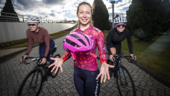 Women cyclists (L-R) Sofia Tsamassiros, Nicole Frain and Jesse Sawyer are all competing in this weekend’s state road championships. Picture: LUKE BOWDEN