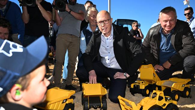 Opposition Leader Peter Dutton meets young locals during a visit to Agfest in the electorate of Lyons on Thursday. Picture: Getty Images