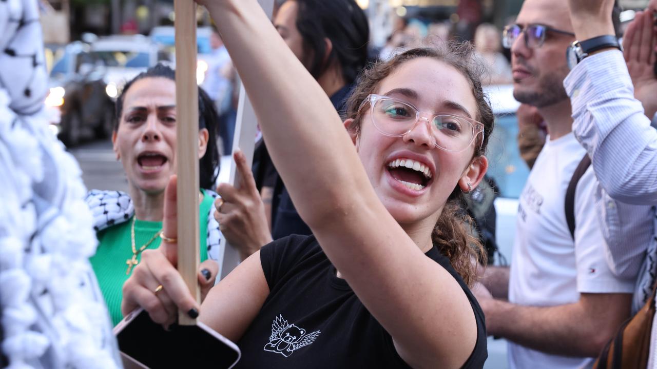 Pro-Palestine supporters are rallying at Sydney Town Hall as the conflict between Israel and Palestinians escalates. Picture: David Swift