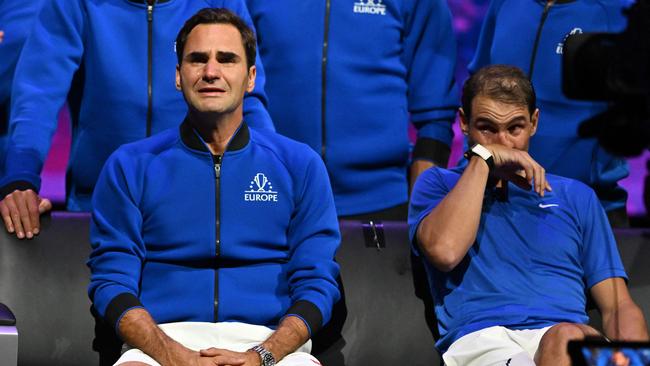 Federer and Nadal get emotional after Federer’s final match, in which the pair played doubles for Team Europe in the 2022 Laver Cup. Photo: AFP