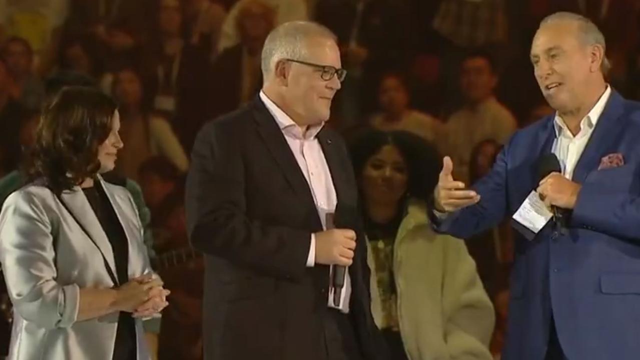 PM Scott Morrison and his wife Jenny on stage at Hillsong with founder Brian Houston.