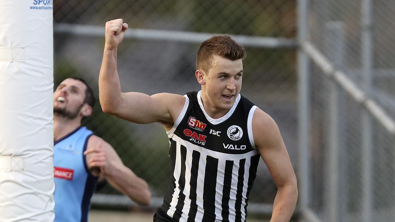 17/06/18 - SANFL - Port Adelaide v Sturt at Alberton Oval. Jack Trengove celebrates his goal. Picture Sarah Reed