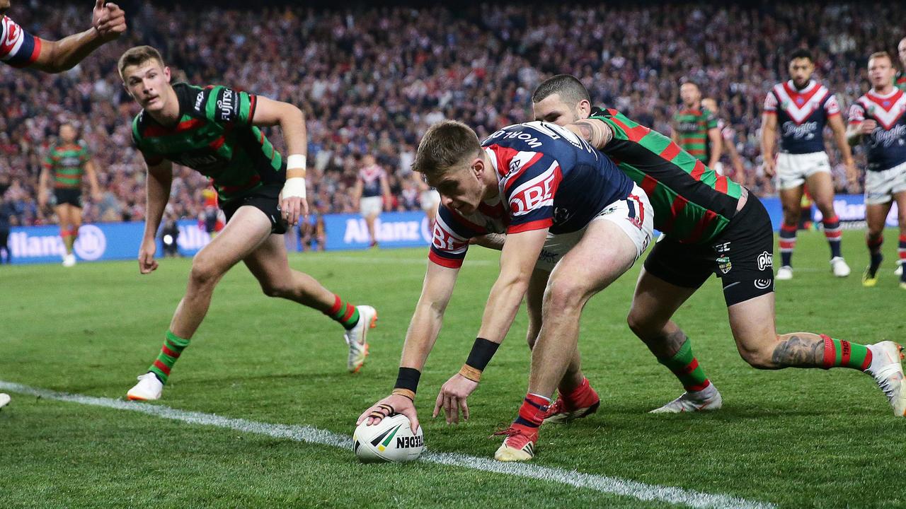 Roosters Paul Momirovski scores a try during the NRL Preliminary Final match between the Sydney Roosters and South Sydney Rabbitohs at Allianz Stadium. Picture: Brett Costello