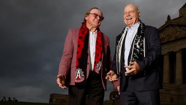 MELBOURNE, AUSTRALIA - APRIL 22: Kevin Sheedy (left) and Leigh Matthews (right) pose during the ANZAC Day Media Opportunity at the Shrine of Remembrance on April 22, 2025 in Melbourne, Australia. (Photo by Michael Willson/AFL Photos via Getty Images)