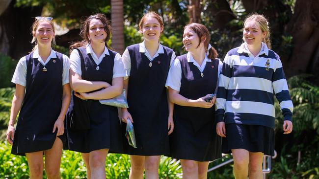 Year 12 students Milla Brown, Lydia Bodsworth, Billy Pritchard, Sienna Apted and Vivienne Henry after their Biology HSC exam at SCEGGS Darlinghurst. Picture: Justin Lloyd