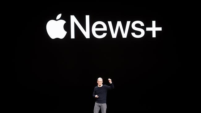 Apple CEO Tim Cook introduces Apple News+ during a launch event at Apple headquarters in Cupertino, California. Picture: AFP