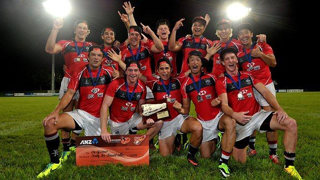 The Hong Kong men's team celebrates taking out the Croc Final at the Hottest 7s in the World. Picture: JUSTIN SANSON